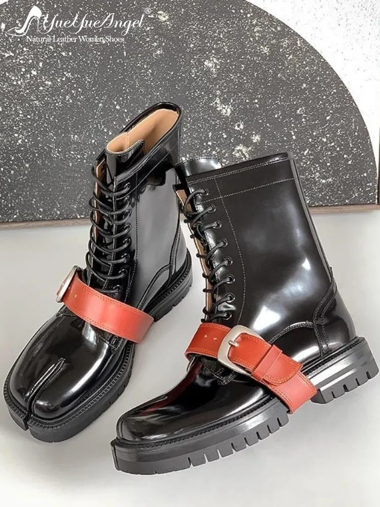 

Spring Autumn Genuine Leather Retro Motorcycle Footwear Black Lace Up Buckle Strap Platform Split Toe Womens Boots Ankle Boot