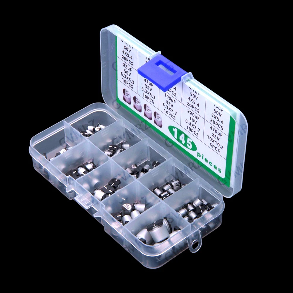 10Values 0.47UF 1UF 2.2UF 4.7UF 0.47UF-22UF 145PCS SMD Aluminum Electrolytic Capacitor Kit 0.47UF 1UF 2.2UF 4.7UF 10UF 50V