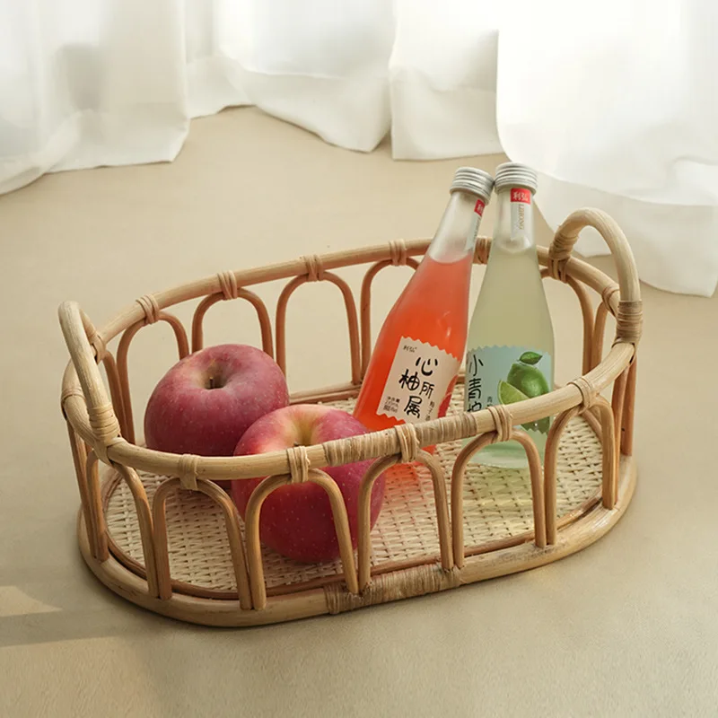 

Nordic handmade wicker tabletop coffee, bread, cake, fruit, liquor tray, light luxury style cosmetics sorting and storage basket