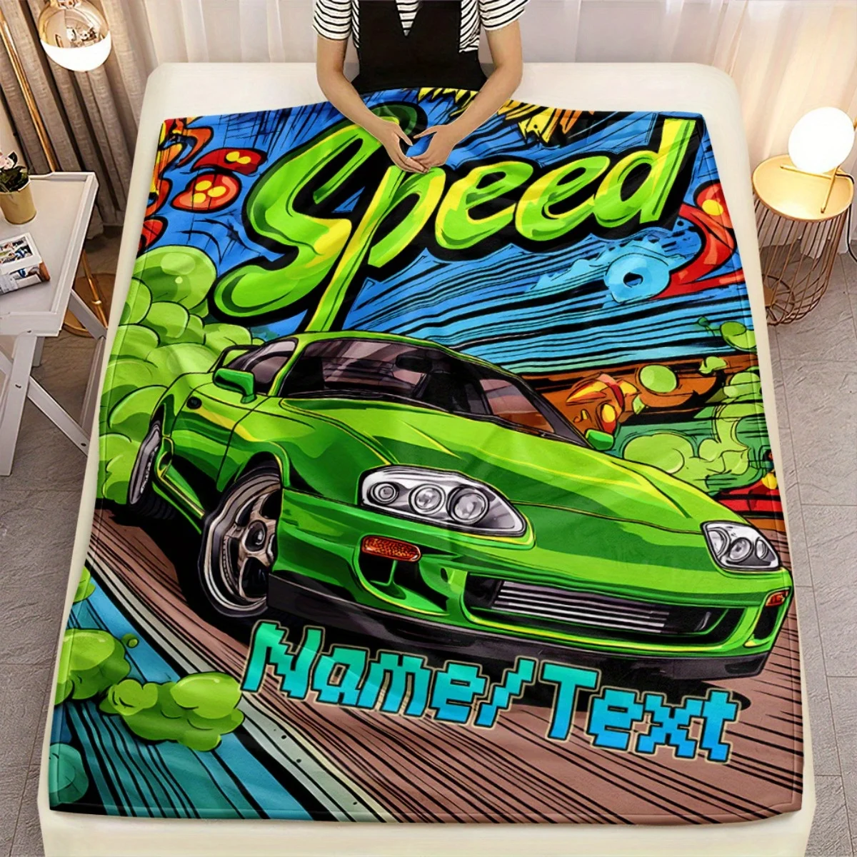 قطعة واحدة من بطانية سيارة السباق المخصصة - اسم/نص مخصص، رمي من الفلانيل خفيف الوزن مع تصميم نص سريع - دافئ ناعم لجميع المواسم #1