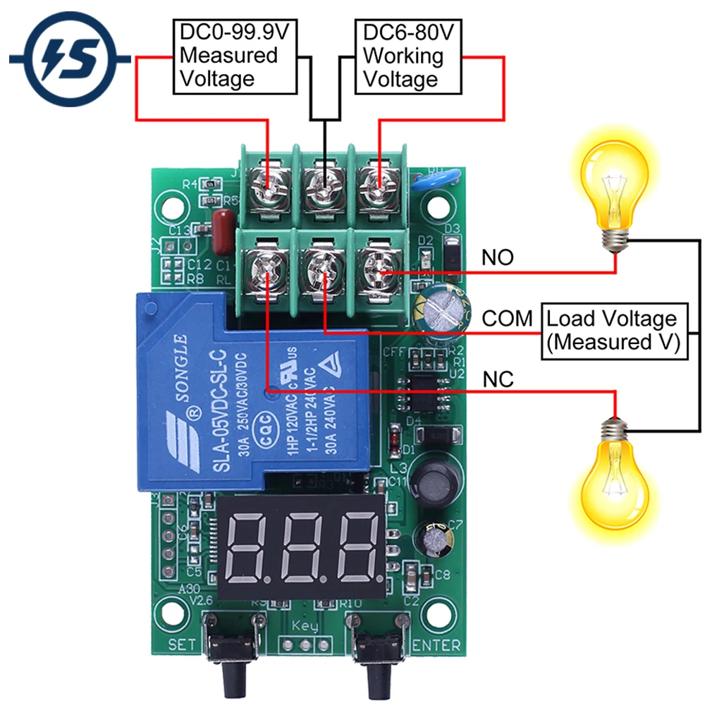 DC6-80V Relay Switch Controller Module Voltage Detection Charging Discharge Monitor with Case Digital Display DC0-99.9V Measured