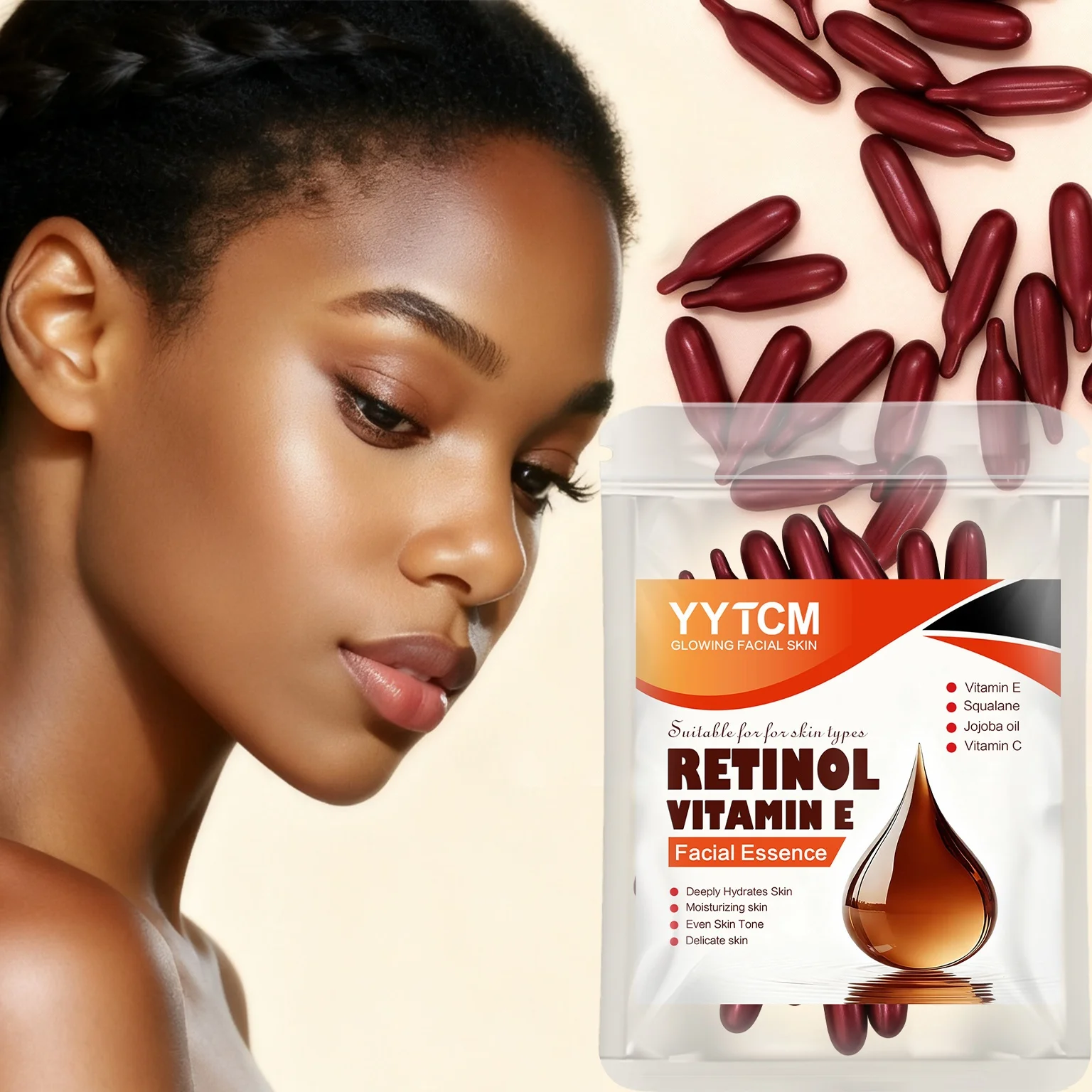 Essência Hidratante Profunda em Cápsulas com Retinol e Vitamina E, Hidrata, Firma e Suaviza a Pele, Contém Esqualano à Base de Plantas, Vitamina C, Es