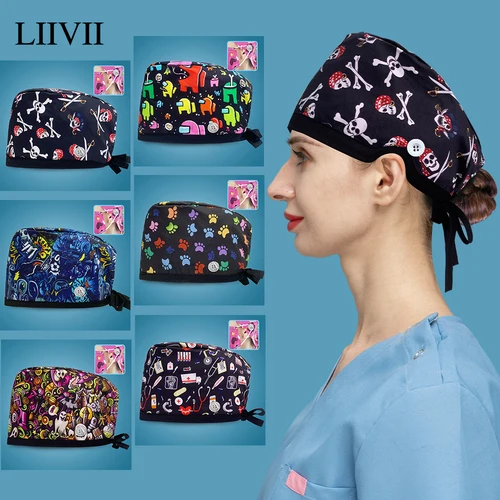 Gorro de fregado con lazo ajustable, gorro de enfermera, gorros quirúrgicos de algodón, accesorios médicos, gorros de trabajo de laboratorio de salón de belleza Unisex, gorro Baotou