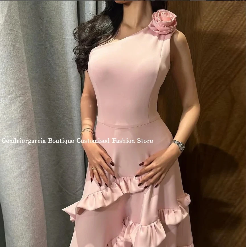 Gaun Prom Pesta Bunga Merah Muda Elegan Gaun Prom A-Line Pertunangan Ruched Ruffles Wanita Lengan Satu Bahu Mode Kustom