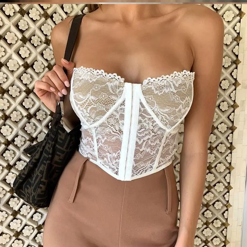 Top Corto de Encaje Sexy, Brtte sin Tirantes con Cierre de Gancho, Ropa Interior, Top Corto sin Mangas con Bordes, Color P...