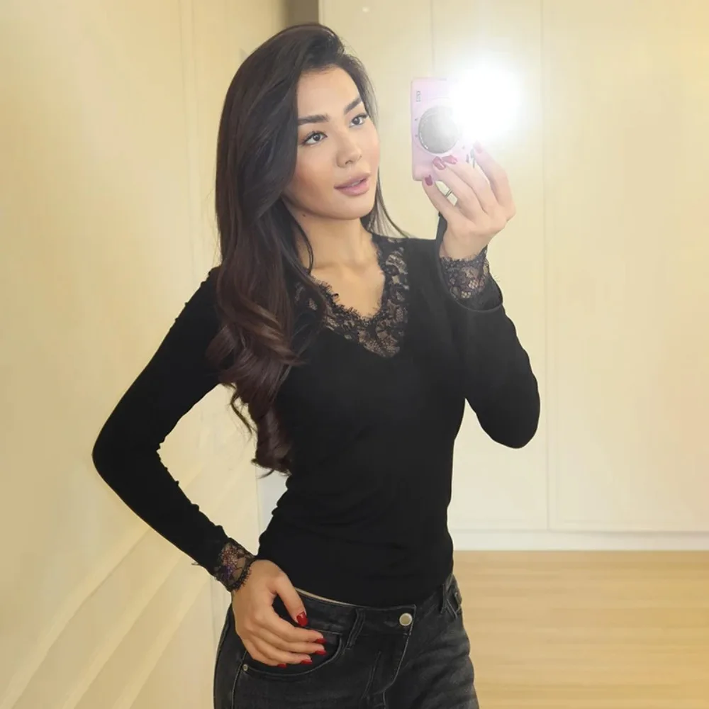 

Women'S Fall New Arrival Solid Color V-Neck Lace Patchwork Waist-Defining Short Top Chic Elegant Streetwear Causal Top