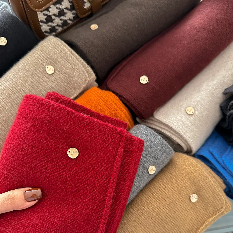 100% Wool Winter Scarf Woman Korean Fashion Warm Thick Orange Beige Blue Coffee Gray Knitted Neck Scarf Neck Warmer