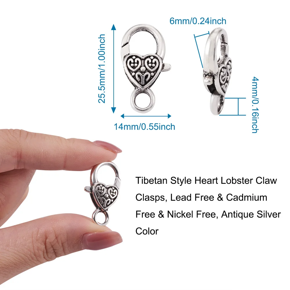 50pcs สไตล์ทิเบตหัวใจ Lobster Claw Clasps โบราณสำหรับเครื่องประดับ DIY เครื่องประดับหัตถกรรม 25.5x14x6mm