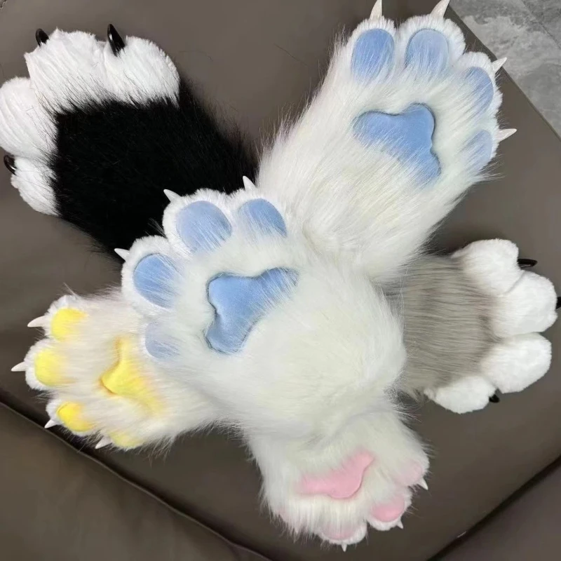 Furry Animal Claw Gloves Squeaky Plush Hand Paw Toys Soft Fluffy Cosplay Costume Props Custom Cartoon Style Party Accessories