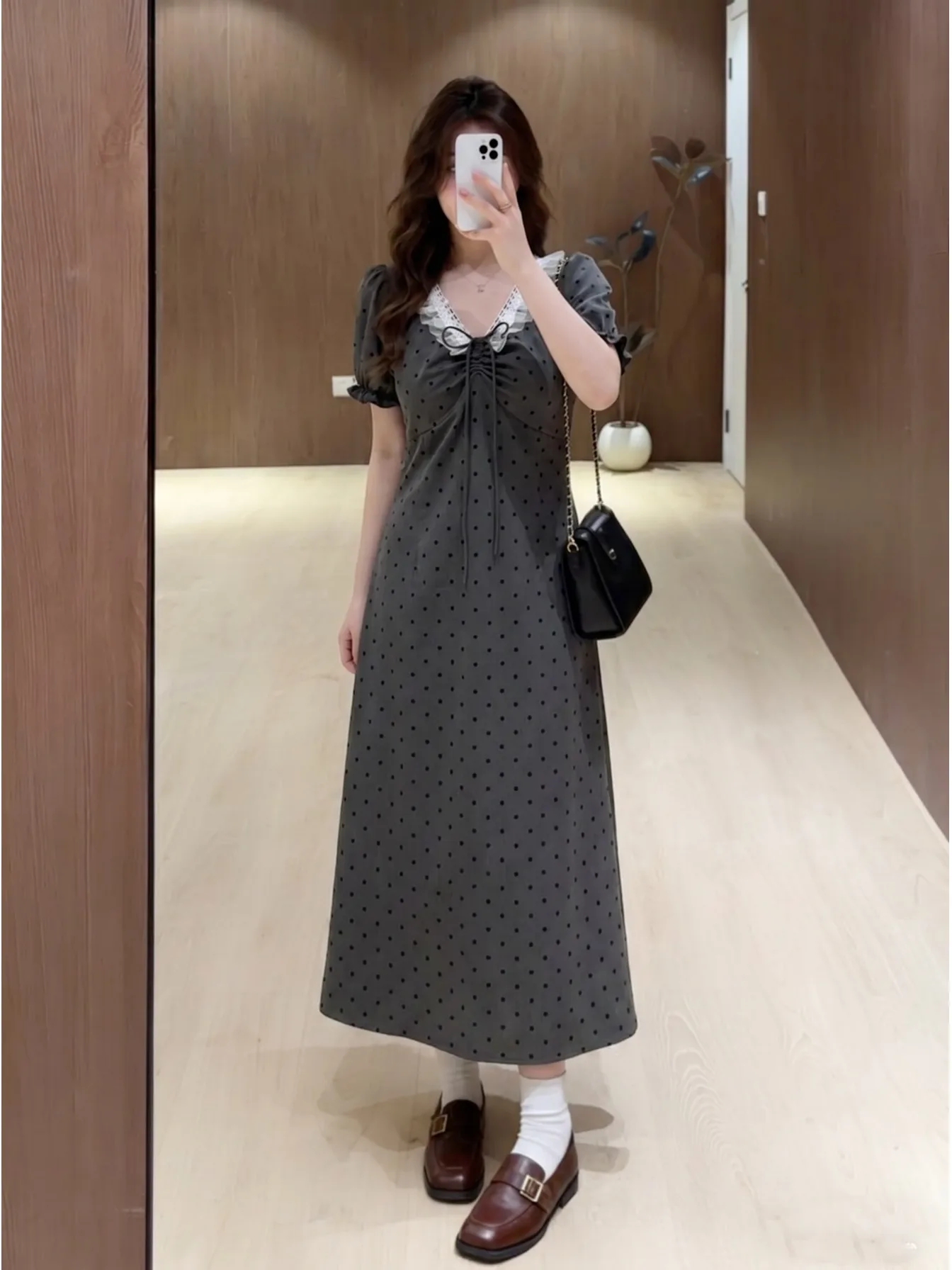 

plus Size Women's V-Neck Short Sleeve Ruffle Polka Dot Dress Summer New Style Waist Cinching Long Dress Korean Style Commute