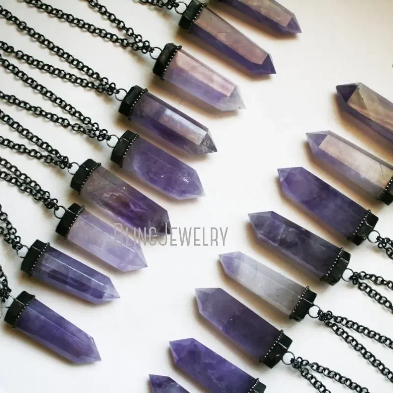 10pcs Amethyst Tower Necklace Purple Obelisk Talisman Wicca Witchy Crystal Jewelry Goth Gothic Grunge Stainless Steel Jewelry