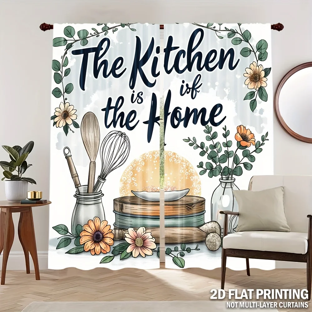 Kitchen is the Heart of the Home Curtain Rustic Farmhouse Decor with Floral and Utensils Typography Window Drapes for Cooking