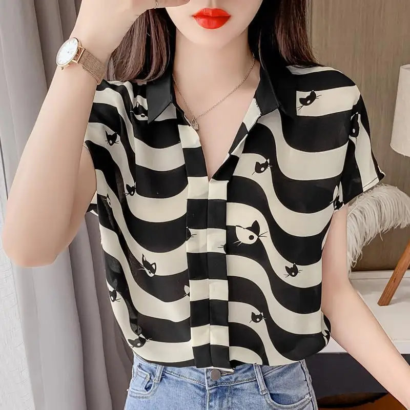 Striped Chiffon Vintage Shirts Women Summer 2022 New Fashion Office Lady Commuter Loose Tops Short Sleeve Elegant Blouse Female