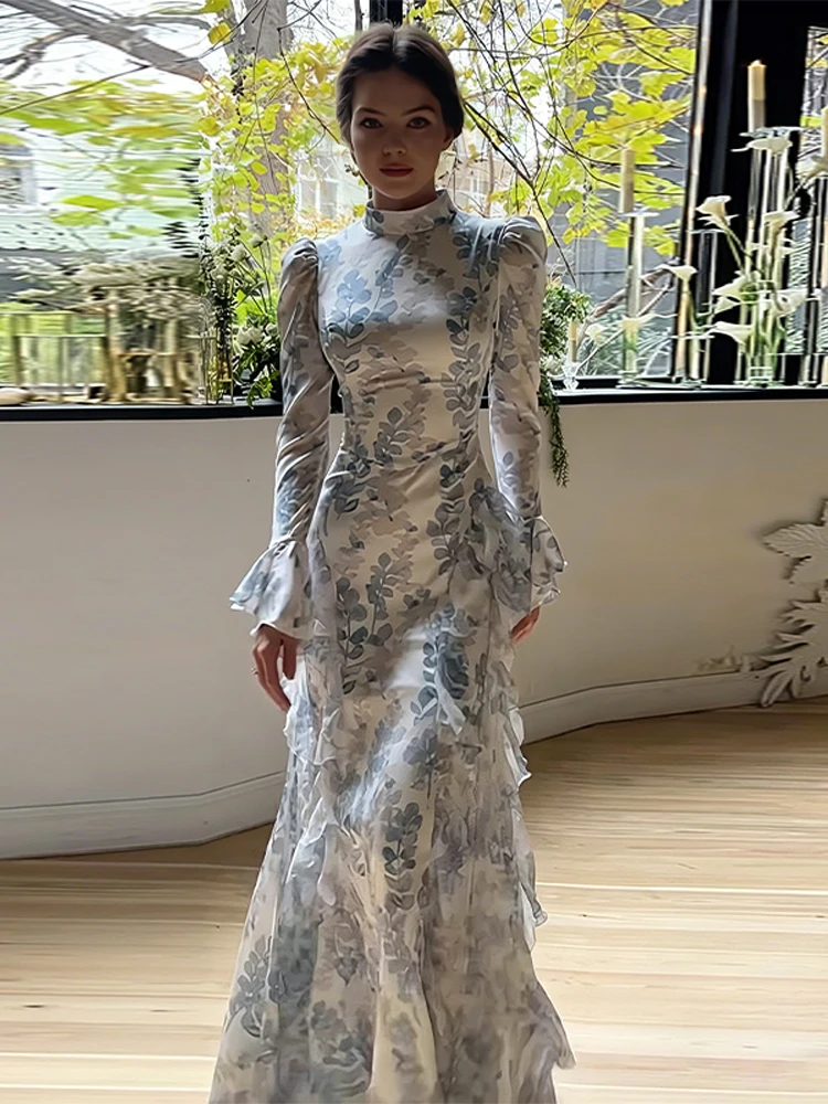 

2026 Summer Floral Print Satin High Neck Long Sleeve Maxi Dress Ruffle Trim Flounce Cuff Fitted Elegant Women Romantic Vestido