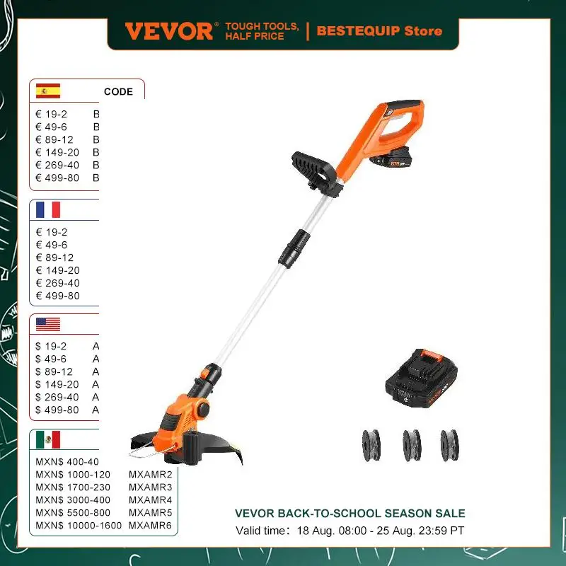 VEVOR Cordless String Trimmer 12inch 20 V Battery 3 Spools Charger Included for Trimming and Edging Lawns Orchards Driveways