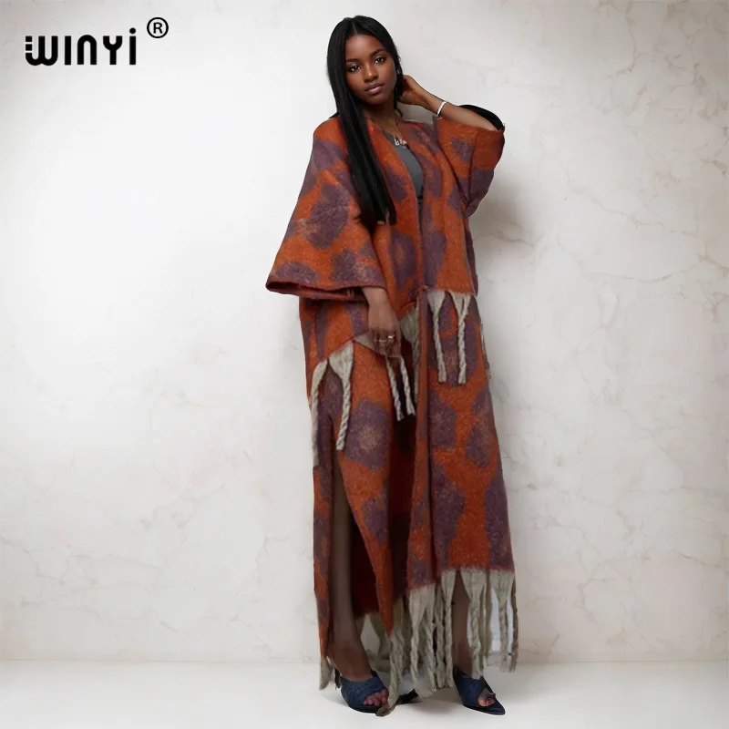 

WINYI winter coat for women new Africa print tassels Luxury Fur Loose OverCoat Thick Warm long down coat Europe cardigan jacket