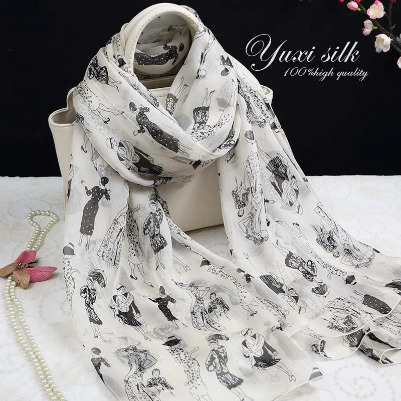 Hoge kwaliteit zwart en wit 100% zijde lange sjaal dames lente, herfst winter zomer