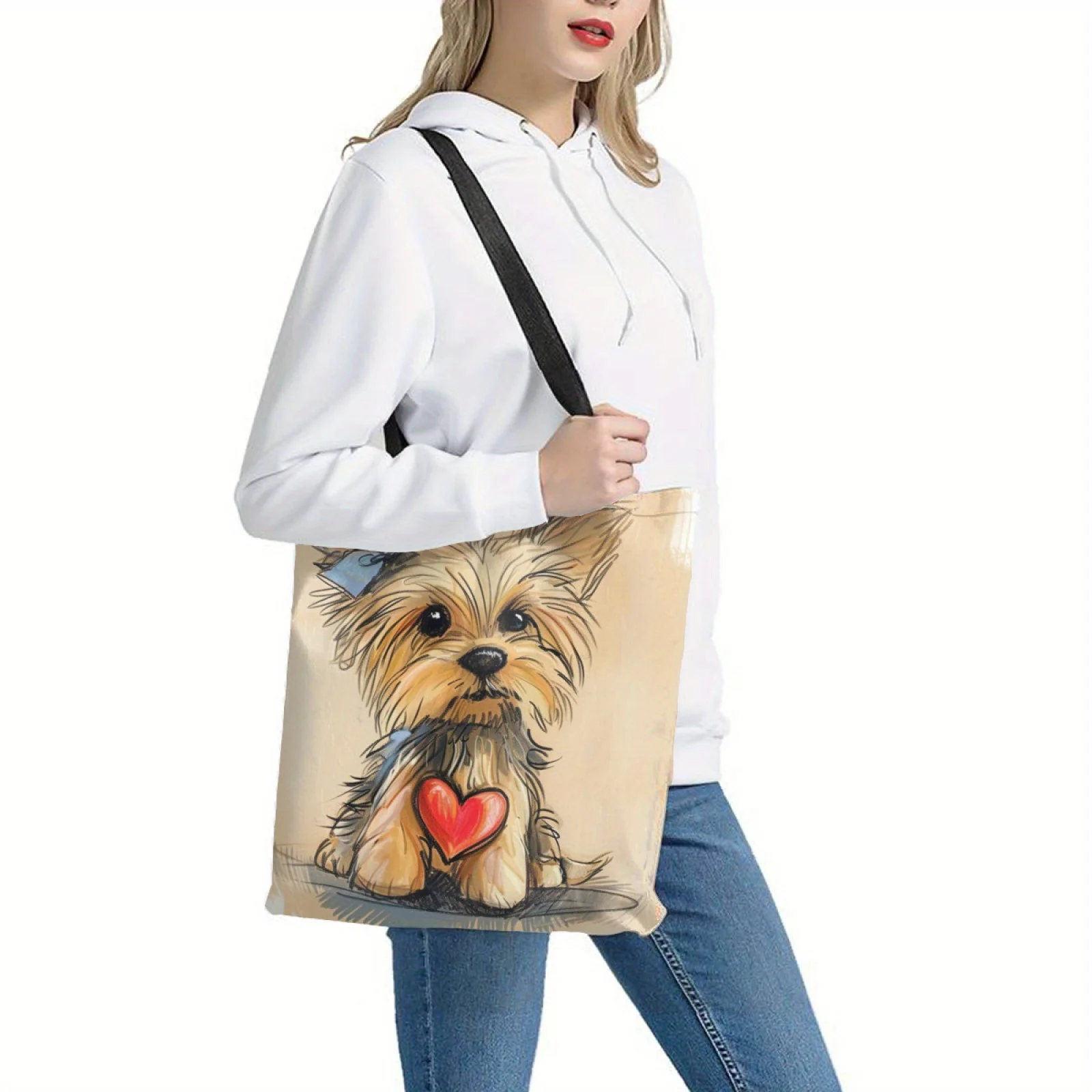 1pc Adorable Yorkshire Dog Print Tote Bag Animal Theme Polyester Reusable Shopping Shoulder Bag with Heart Detail Travel Handbag