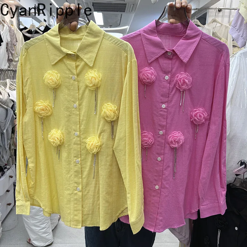 3D Flowers Diamonds Tassel Women Cardigans Top Spring Summer Long Sleeve Blouses All-match Single-breasted Cotton-linen Shirts