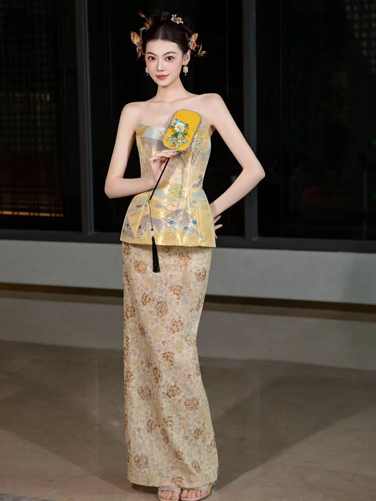 

Новое китайское свадебное платье для женщин, утренний халат, винтажное платье без бретелек, сказочно красивое, класса люкс