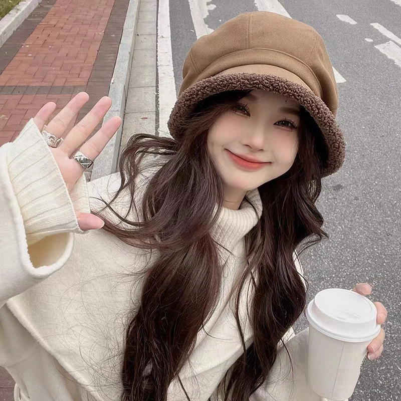 

Creative Woman's Winter Beret Hats Color Velvet Cap Female Keep Warm New Bucket Hat