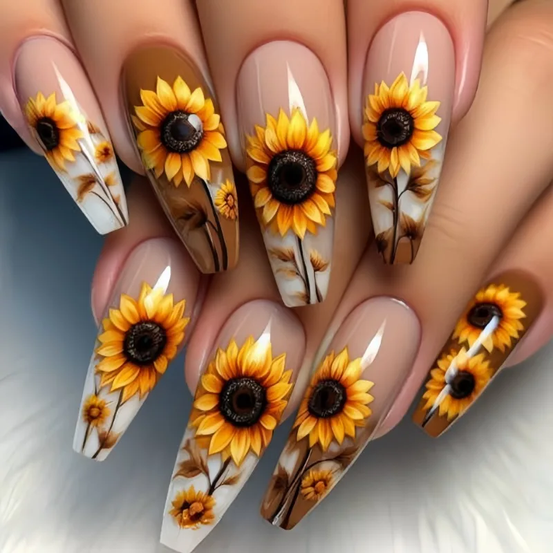 

24 Pcs Sunflower Pattern Press on Nails Long False Nails with Design Summer Fashion Square Ready Nails for Gluing Wholesale 2025
