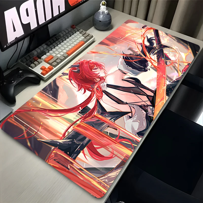 XXL Red-haired Purple-eyed Demon Horn Flame Battle Anime Girl Gaming Mouse Pad Non-Slip Rubber Stitched Desk Mat for PC Laptop