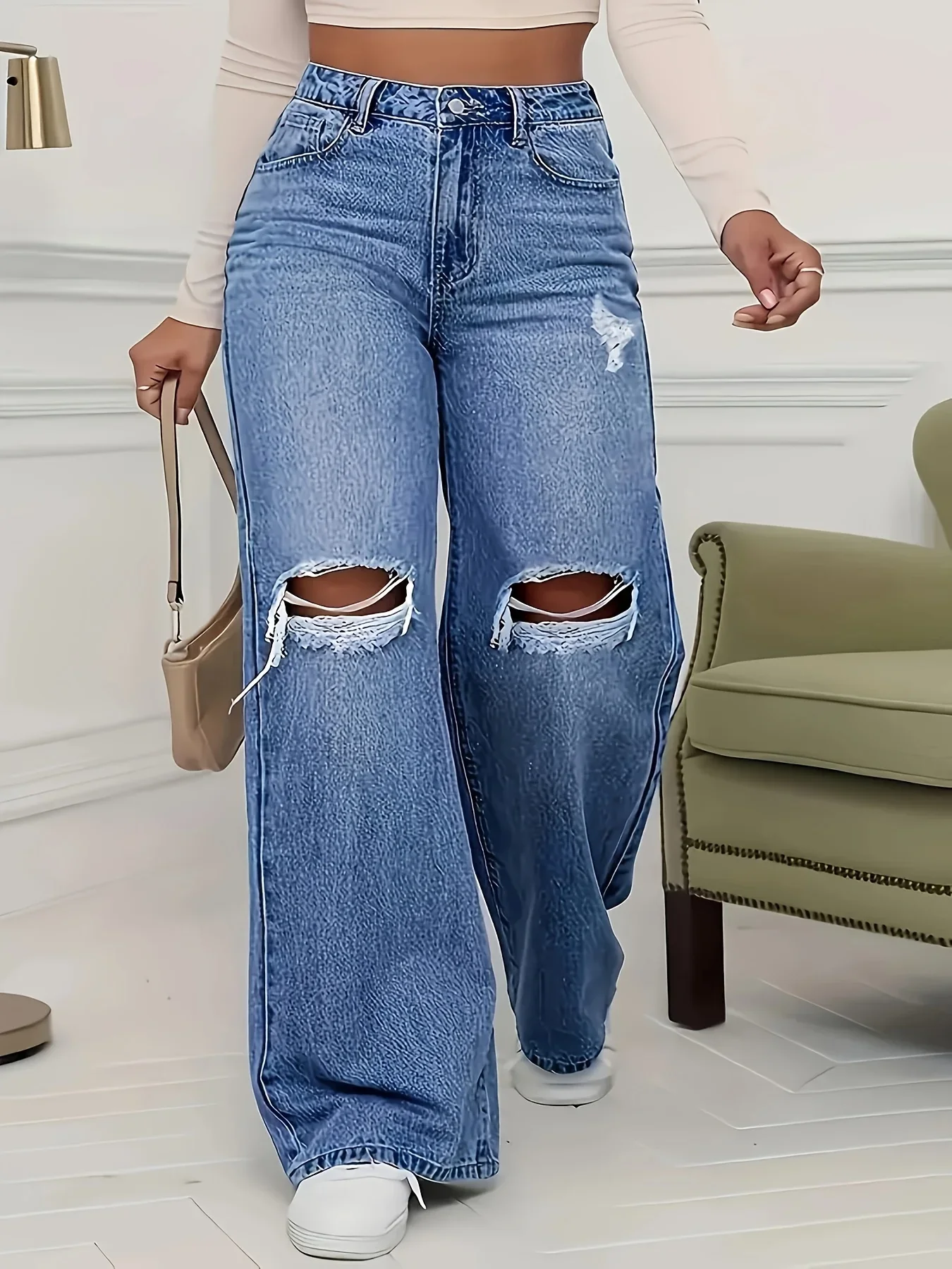 

2025 New Women's High-Waisted Straight Leg Denim Jeans with Ripped Details, Casual and Fashionable Pants
