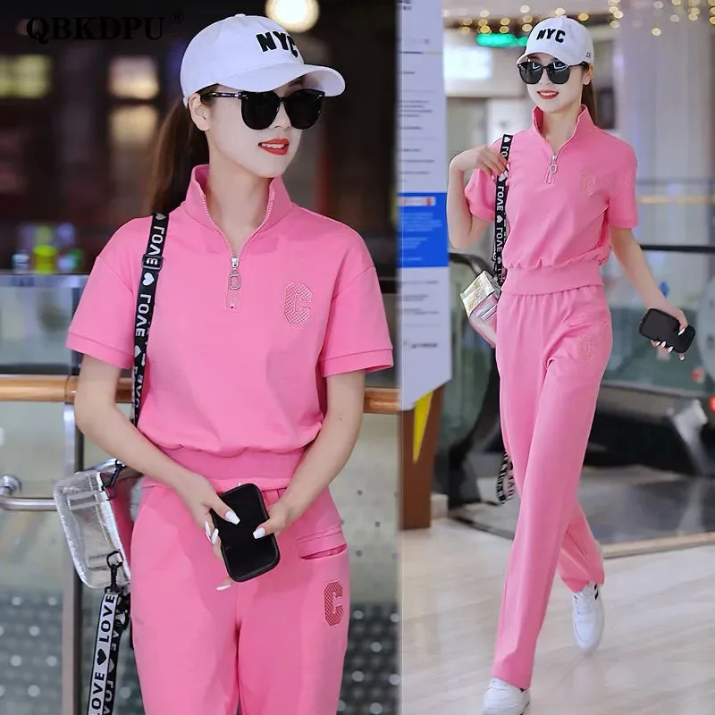 Koreański mody z krótkim rękawem dresy kobiety 2 sztuka zestawy letnie bluza w stylu Casual Streetwear spodnie garnitur strój Mujer stroje
