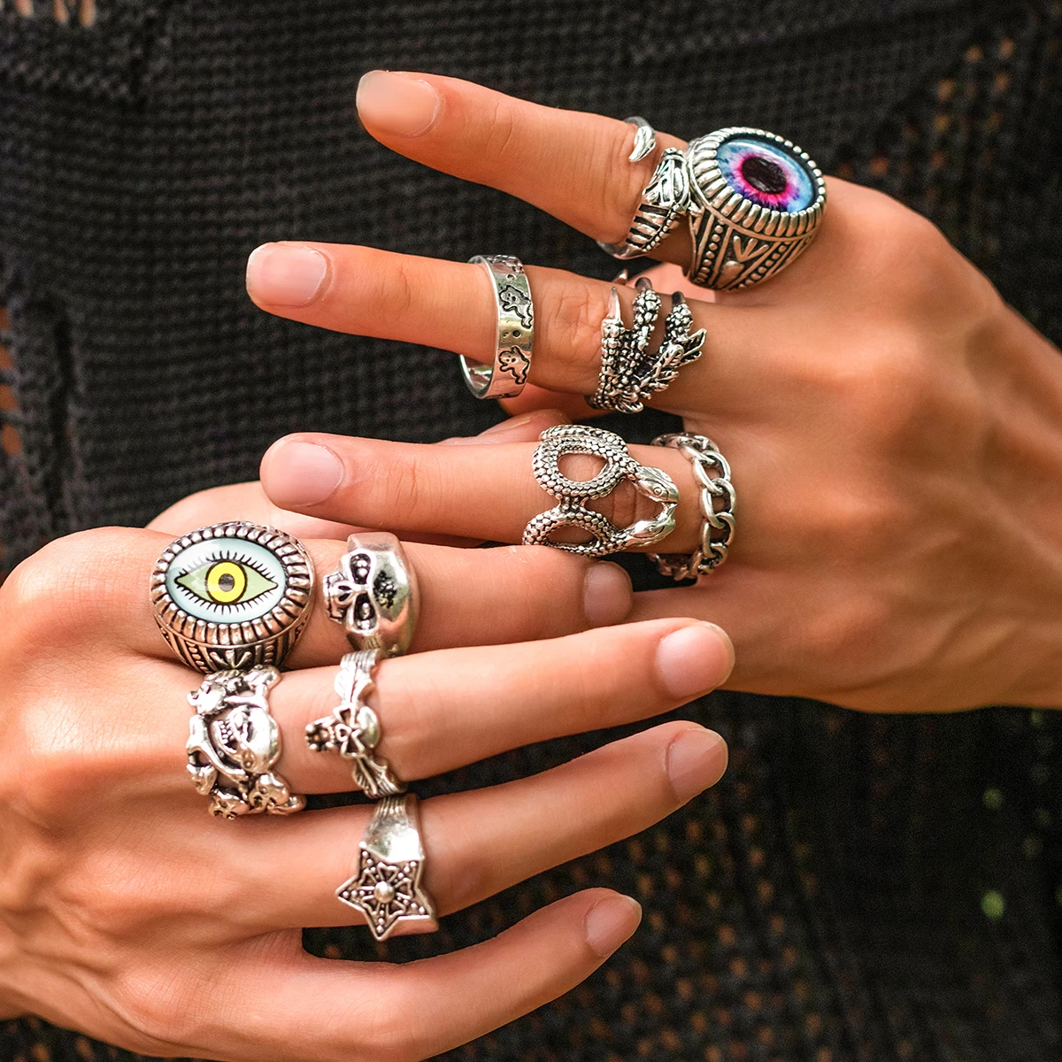 KunJoe Goth 11pcs/set Animal Shape Adjustable Rings For Men Punk Silver Color Geometric Hip Rock Finger Rings Bar Night Club