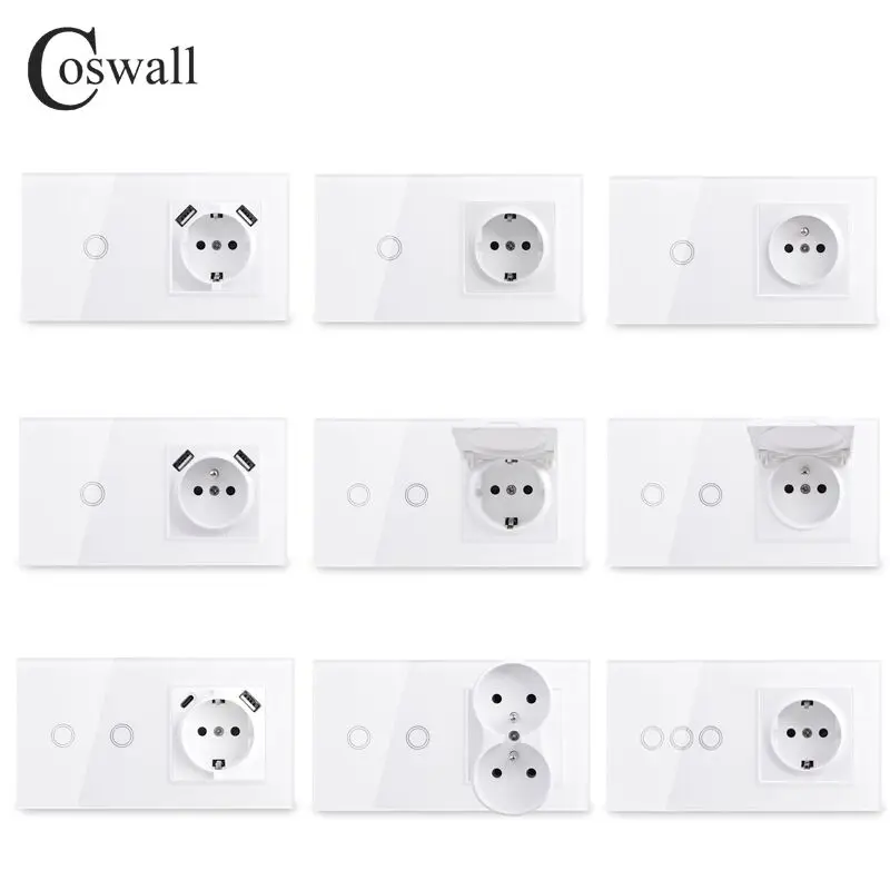 COSWALL HG Series Glass Panel 1 Gang 2 Gang Touch On / Off Wall Light Switch With Eu / French Polish Socket With Dual USB White