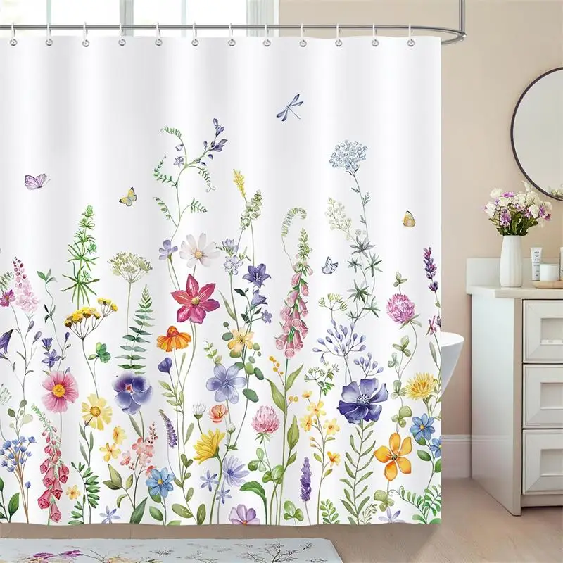 

Floral Shower Curtain Watercolor Wildflower Butterfly Plant Spring Flower Bathroom Curtain Polyester Cloth Home Decor with Hooks