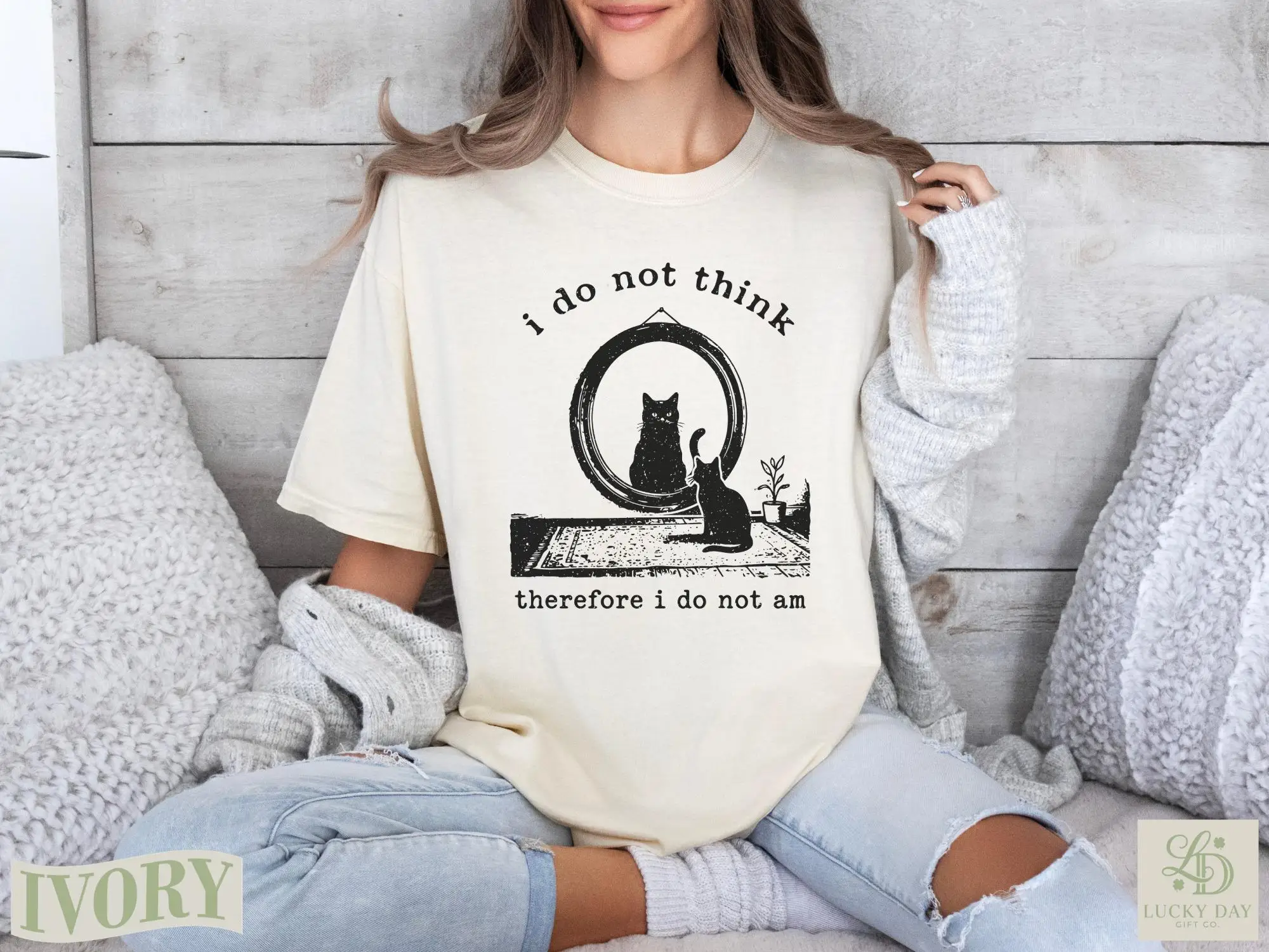 Nostalgic Retro Cat Shirt, Funny I Do Not Think Therefore I Do Not Am Top, Grunge Goth Emo Punk Witchy Gift Tee T-shirt