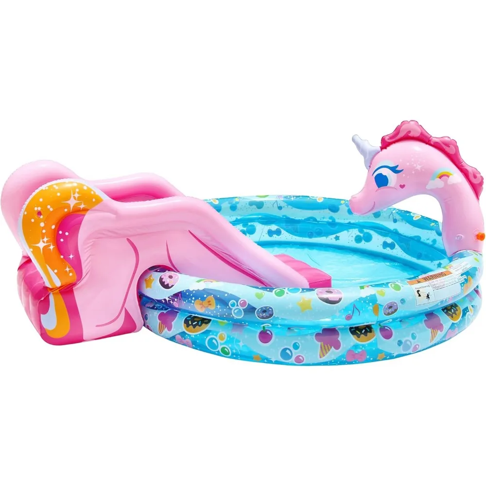 BANZAI Spray 'N Splash Unicorn Pool, Length: 78 in, Width: 60 in, Height: 32 in, Inflatable Outdoor Backyard Water Slide