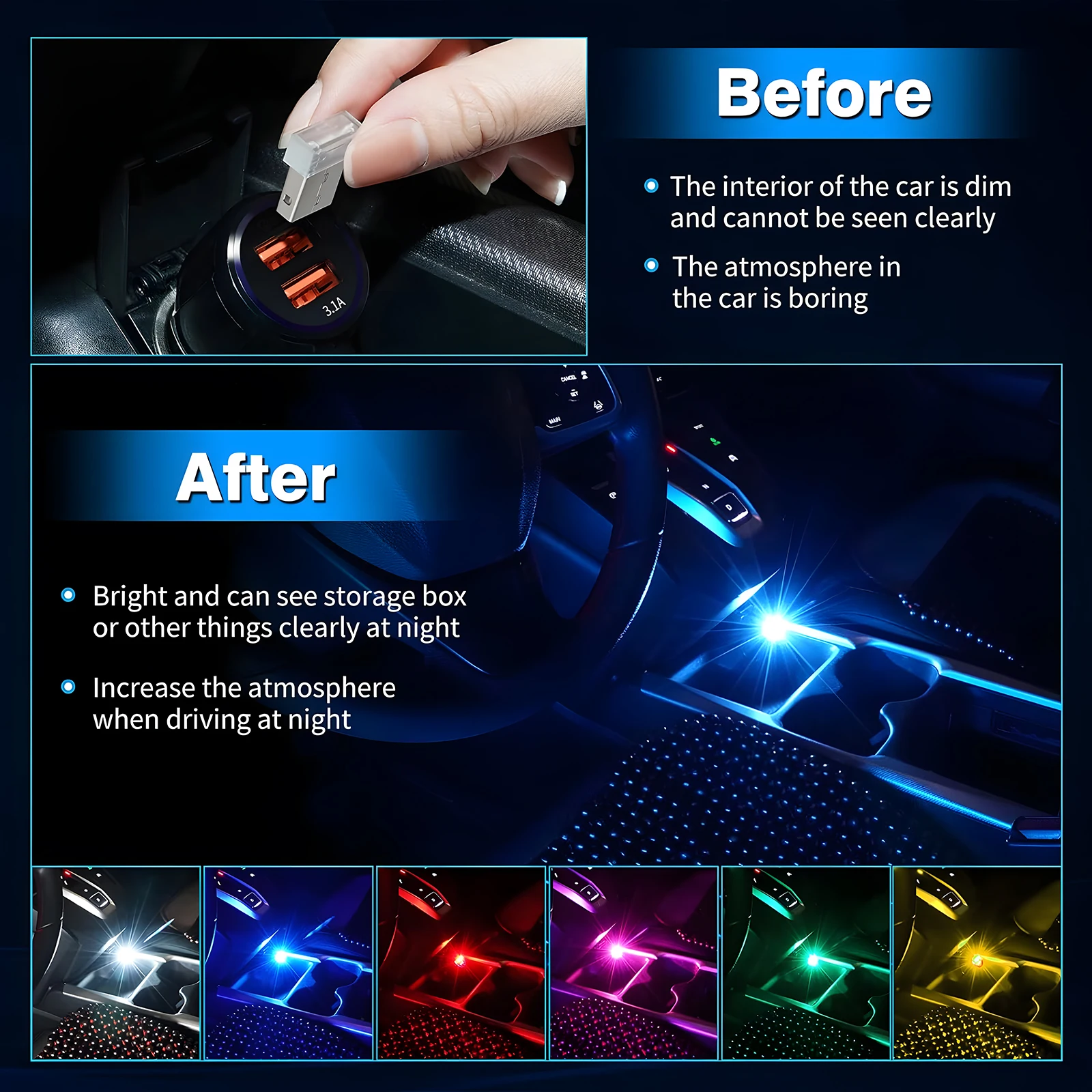 Mini USB Car Light Universal Portable USB Atmosphere Light DC 5V USB LED Car Interior Lighting kit for Laptop Night Home Office