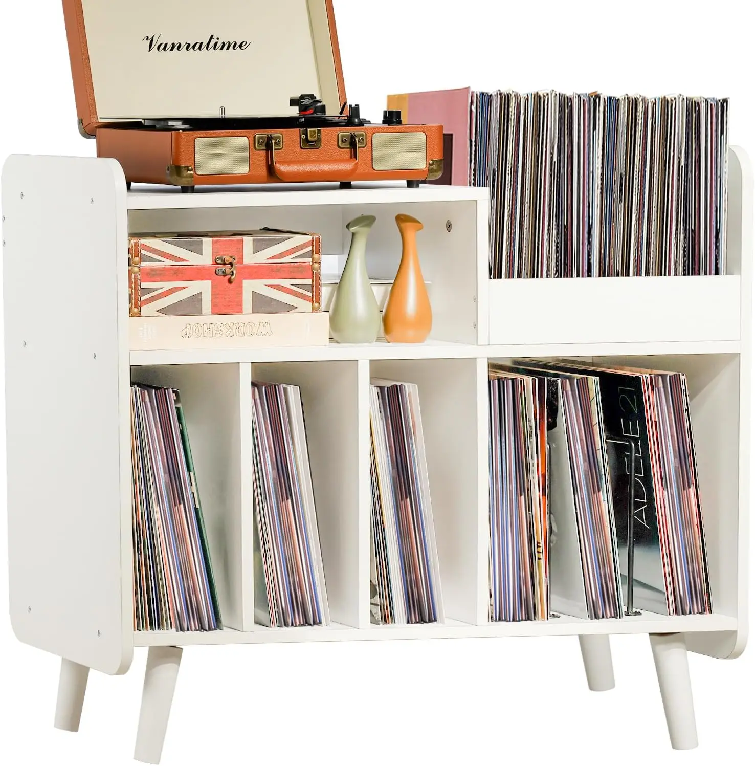Mid Century Record Player Stand with Vinyl Storage, Holds 350 Albums, White