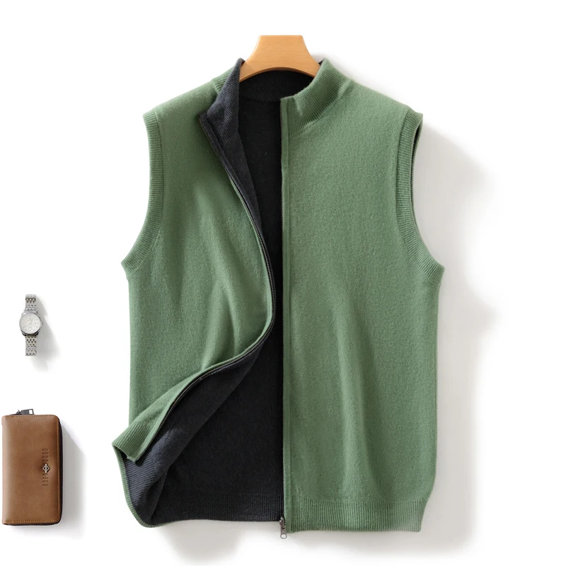 Spring Style New Sleeveless Camisole 100% Beautiful Wool Men\'s Standing Neck Zippered Cardigan Double-sided Knitted Jacket Vest