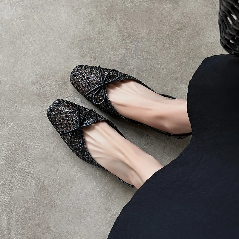 صنادل نسائية بتصميم حزام خلفي بفيونكة منسوجة صيفية جديدة برأس مربع وفم ضحل حذاء فردي مريح وأنيق ورائع