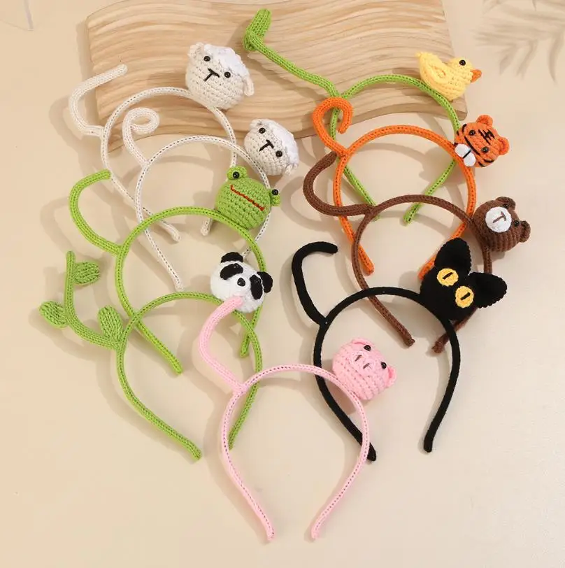 20pcs Knitted Animals Headband Handmade 3D Cartoon Hair Hoops Jungle Safari Zoo Hair Bands Birthday Halloween Christmas Favors