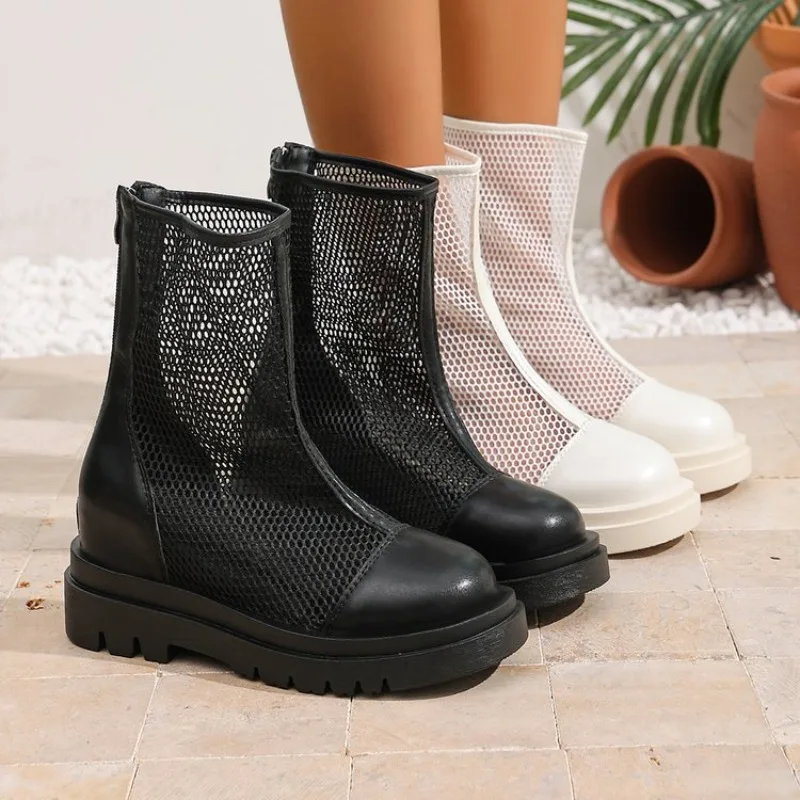 Summer Fashion Round Toe Solid Color Casual Mid Calf Women's Cool Boots 2026 New Simple Style Thick Soled Comfort Women Shoes