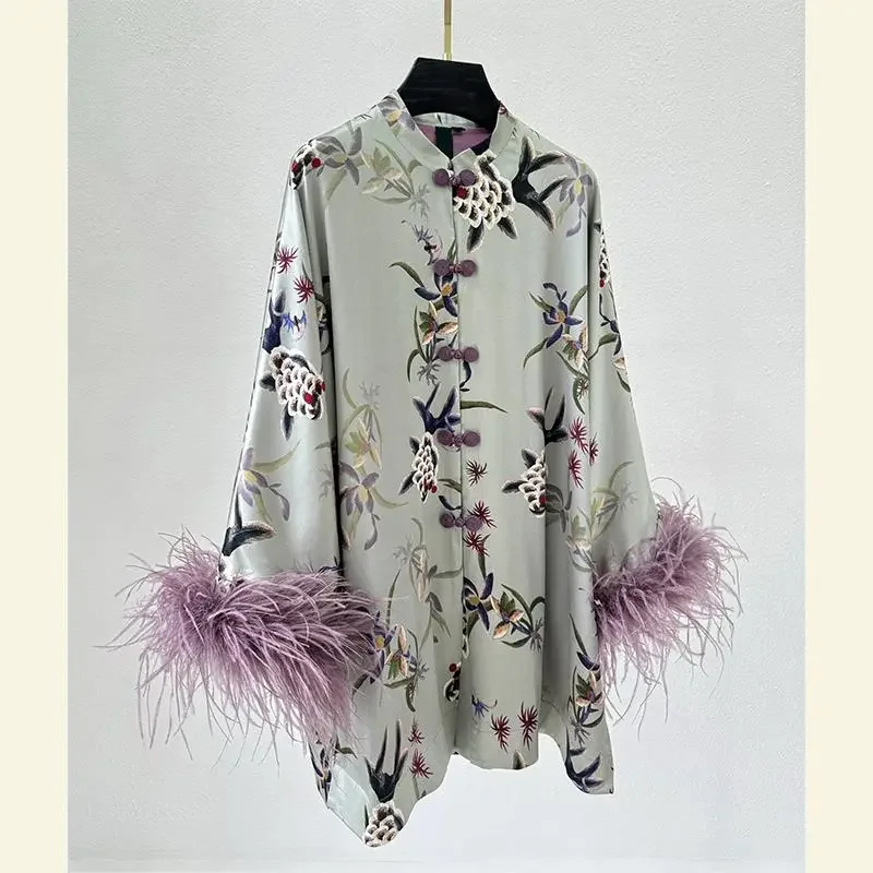 Spring Autumn New Chinese Style Coat Women 2024New Fashion Loose Casual Tops Plume Jacket Button Printing Sunscreen Shirt Female