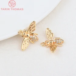 (136)12x16MM Hole 1MM 24K Gold Color Brass with Zircon Bee Charms Pendants High Quality DIY Jewelry Making Findings