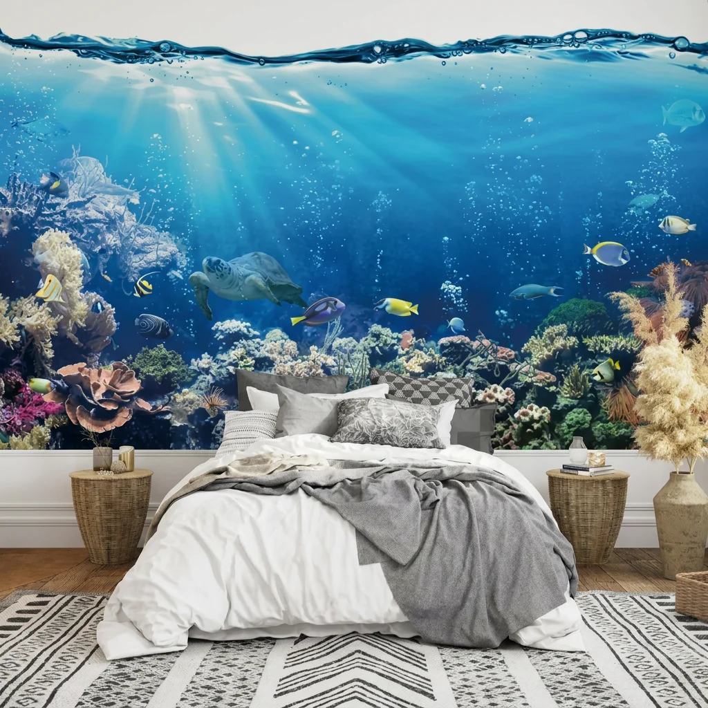 Tropical coral reef ecosystem, shimmering water surface, background wall for living room and bedroom, self-adhesive material.