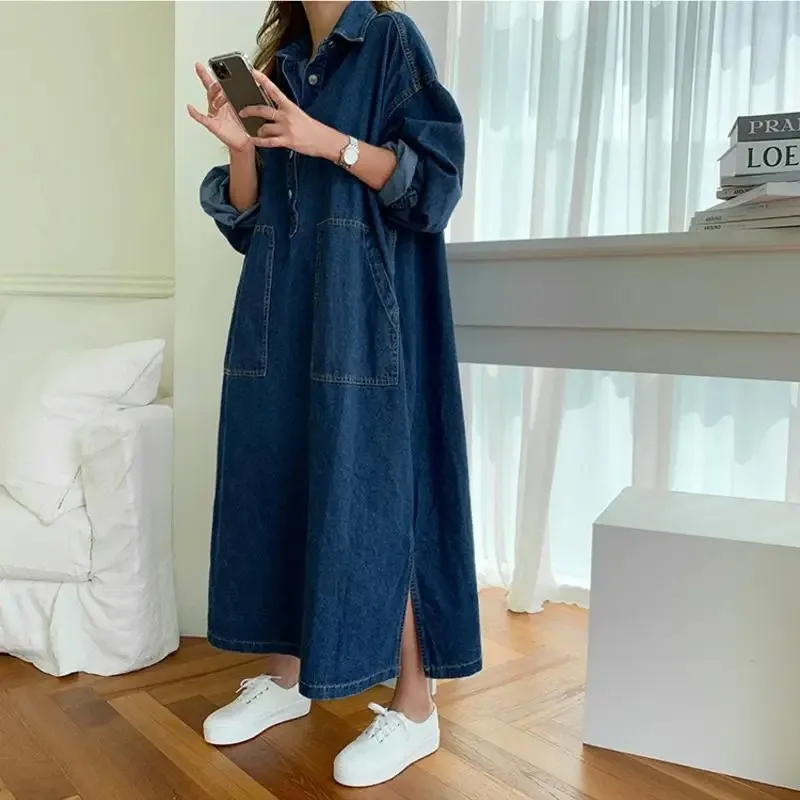 2025 Fashion Women's Autumn Long Sleeved Denim Shirt Dress Button Pocket Jeans Casual Loose Women's Street Wear Denim Robe Dress