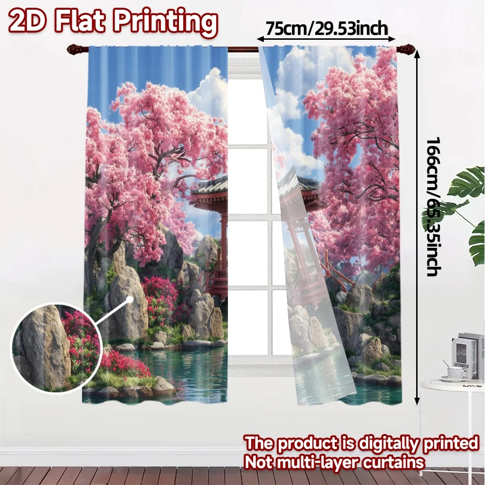 2pcs, 2D FLAT PRINTING Curtains (Without Rod) CherryGardenPagoda Chic Curtains&Window Treatment Durable Polyester Curtains
