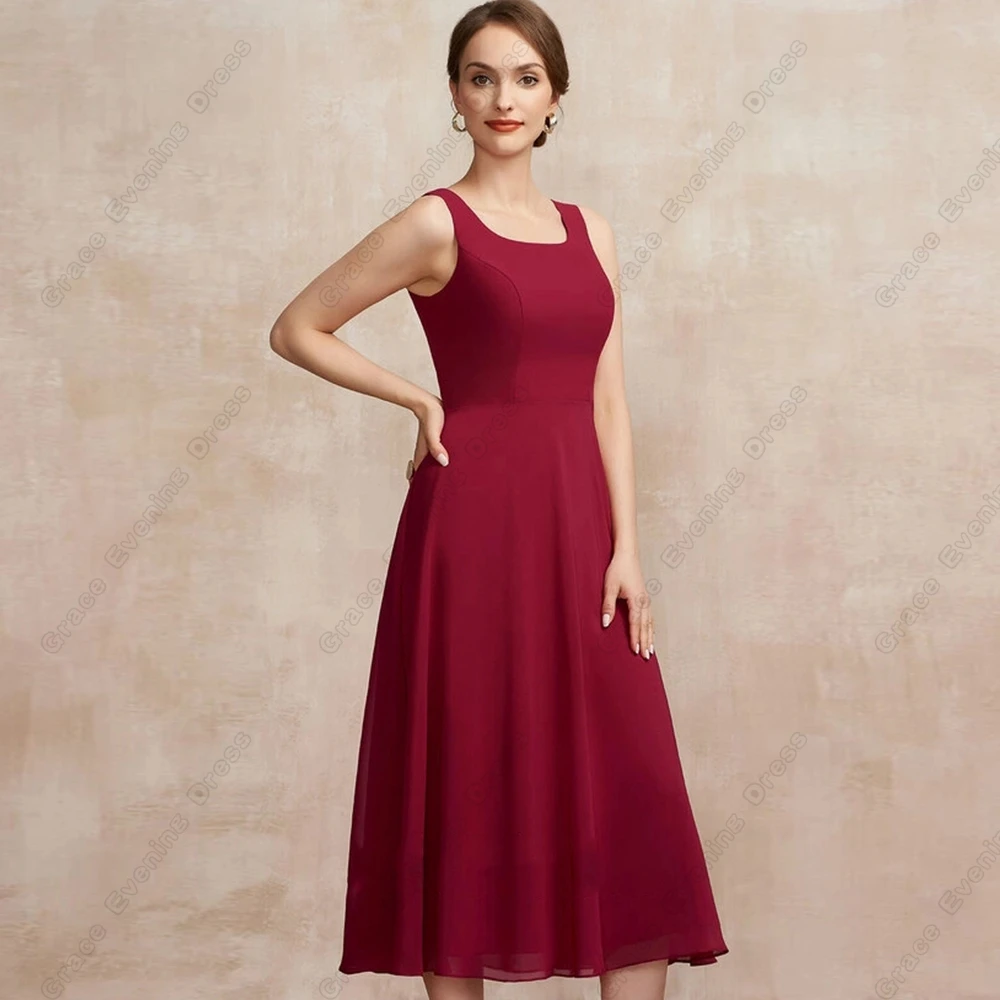 فساتين أم العروس بسيطة باللون العنابي مع دانتيل ثلاثة أرباع لحفلات الزفاف 2025 صيف جديد طول الشاي فيستدو دي نوش