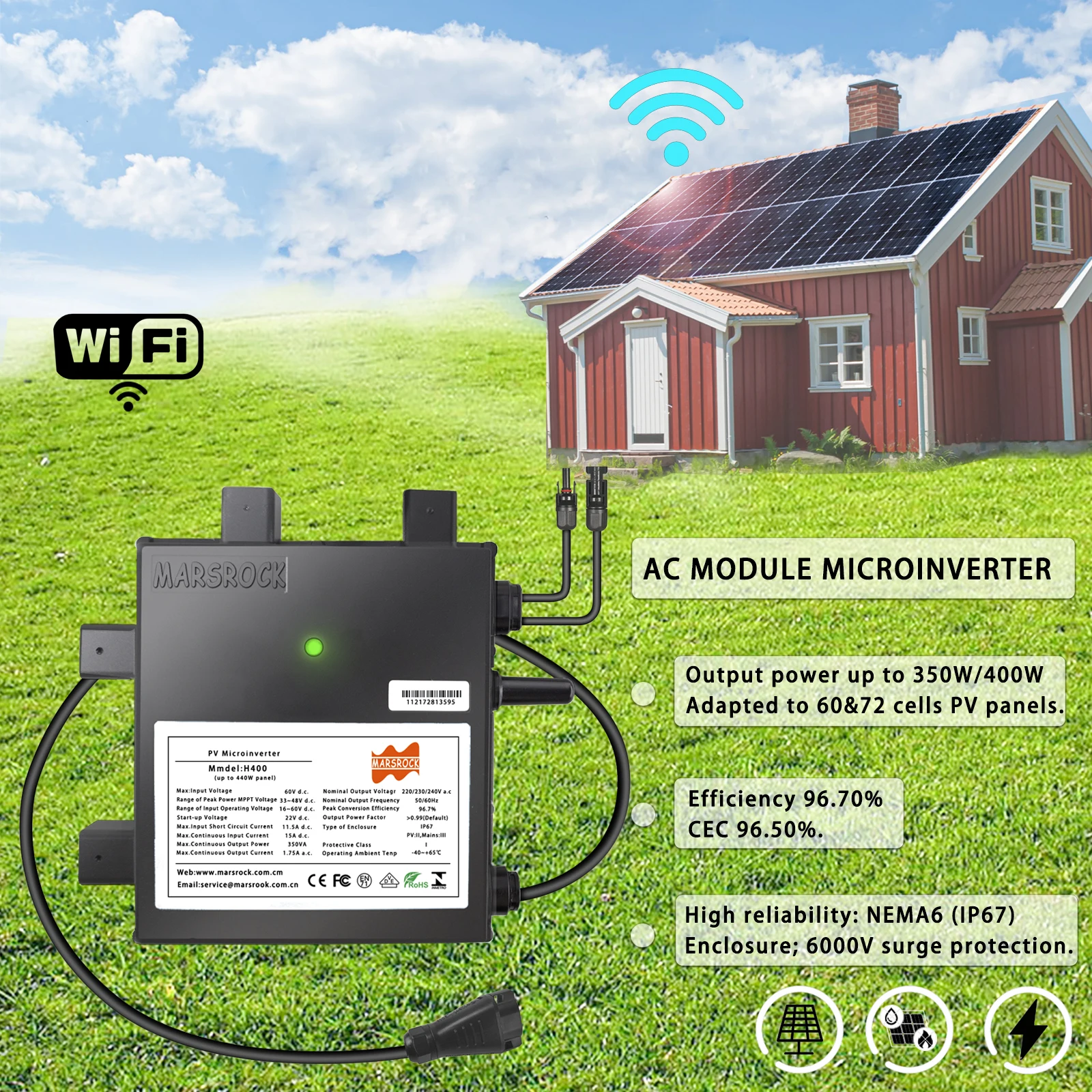 400W 22-60VDC 230VAC   Solar Inverter, With Smart WiFil,  Portable Inverter, Suitable For Solar Panels