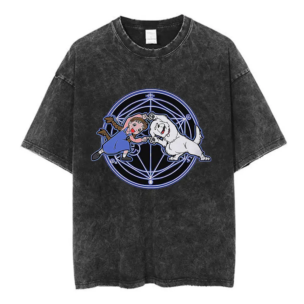 Anime Fullmetal Alchemist T Shirt Manga Fullmetal Fusion T-Shirt Men Women Fashion Casual Washed Oversized T-shirts Streetwear