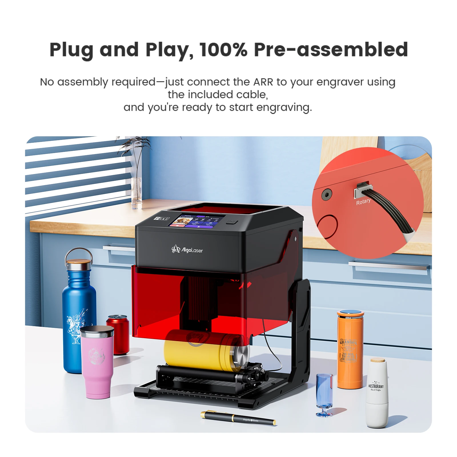 AlgoLaser Rotary Roller 2.0 Y-Axis Rotary Attachment 5-100mm 2 Adjustable Spacing Pre-assembled For Cylindrical Objects Fit for Algolaser MK2 MK3 Pixi and 95% Laser Engravers Craft Sculpture Tool