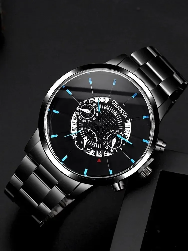 Orologio rotondo con cinturino in acciaio nero con calendario da uomo d'affari alla moda da 2 pezzi + set di braccialetti in pelle PU intrecciata